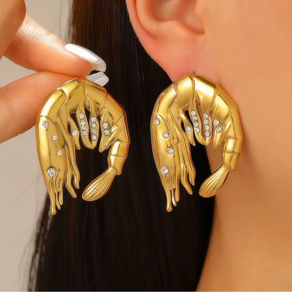 Gold Shrimp Crystal Earrings - Picture 2 of 9